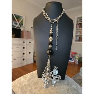 Unica Silvertone Black Glass Charm Necklace Vintage
